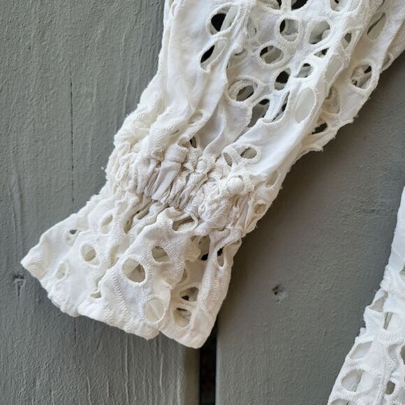 Women's White Sheer Eyelet Long Sleeves Puff‎ Shoulder Flounce Hem Mini Dress L - Picture 5 of 8